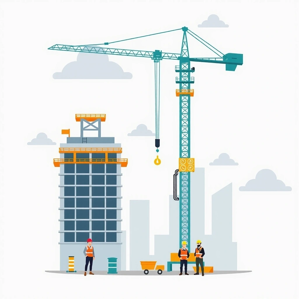 Modern construction site with crane and workers