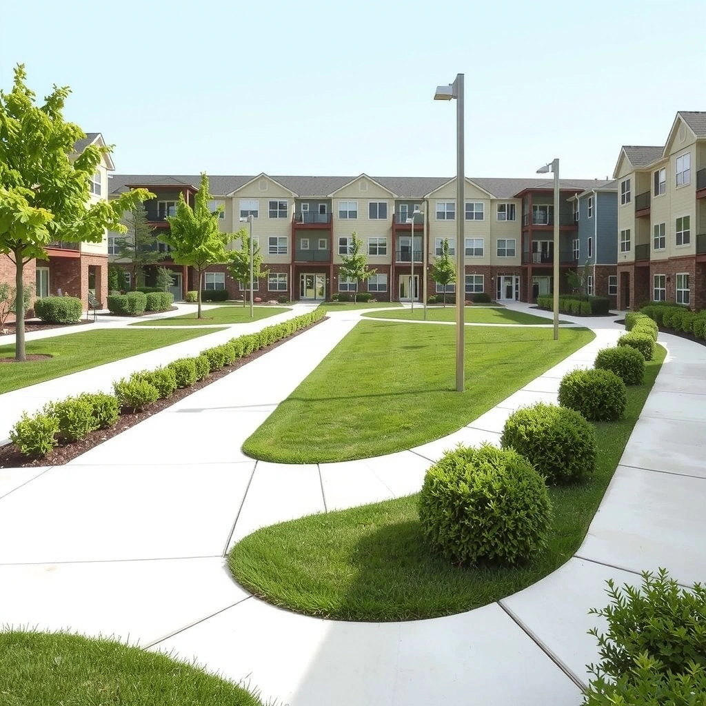 Modern residential complex with landscaped courtyards